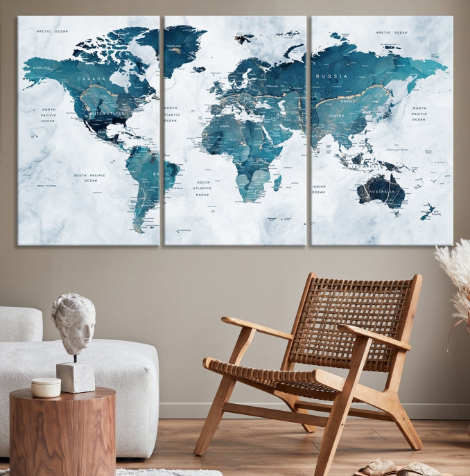 Blue World Map Extra Large Wall Art Canvas Print