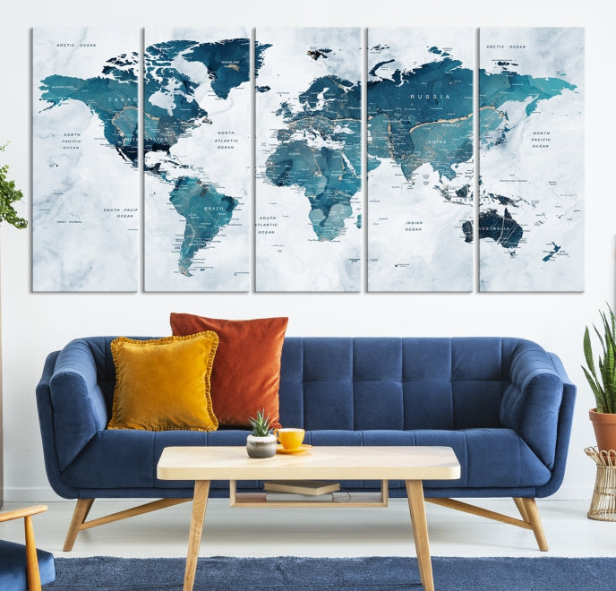 Blue World Map Extra Large Wall Art Canvas Print