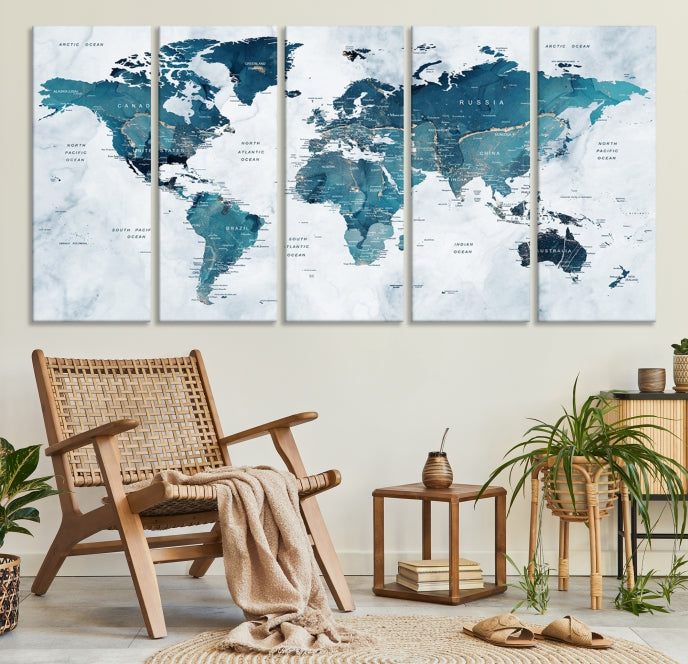 Blue World Map Extra Large Wall Art Canvas Print