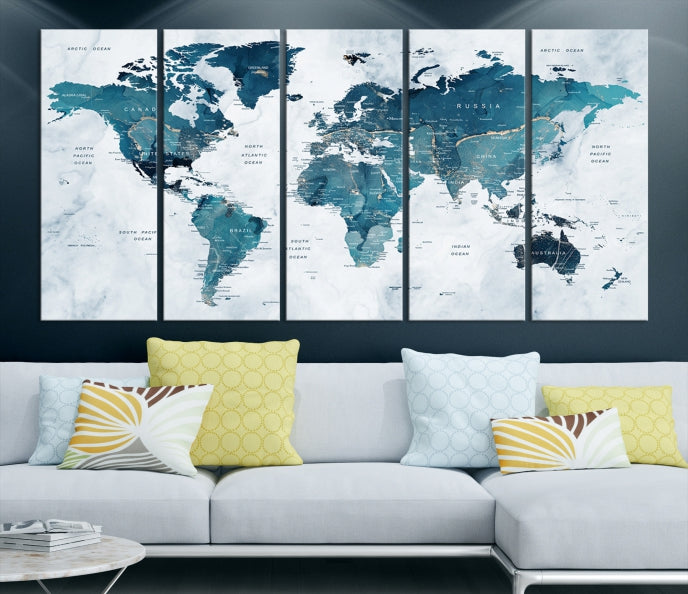 Blue World Map Extra Large Wall Art Canvas Print