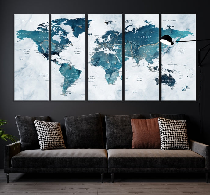 Blue World Map Extra Large Wall Art Canvas Print