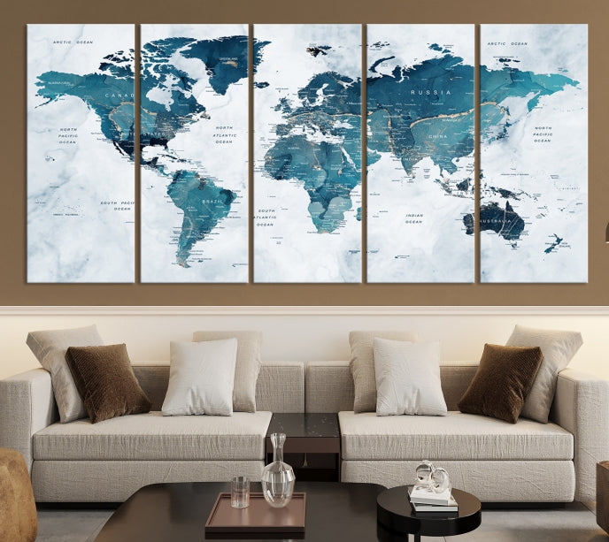 Blue World Map Extra Large Wall Art Canvas Print