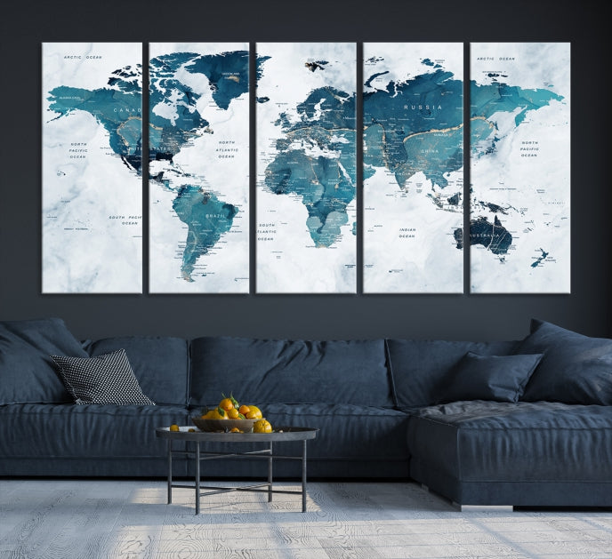 Blue World Map Extra Large Wall Art Canvas Print