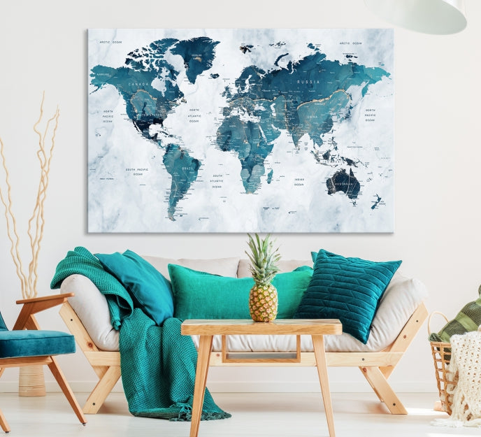 Blue World Map Extra Large Wall Art Canvas Print