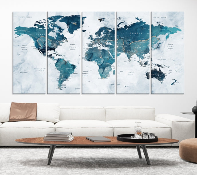 Blue World Map Extra Large Wall Art Canvas Print