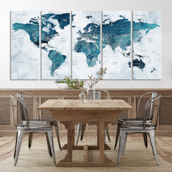 Blue World Map Extra Large Wall Art Canvas Print