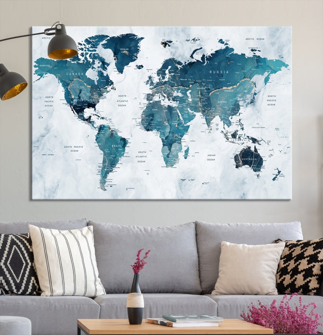 Blue World Map Extra Large Wall Art Canvas Print