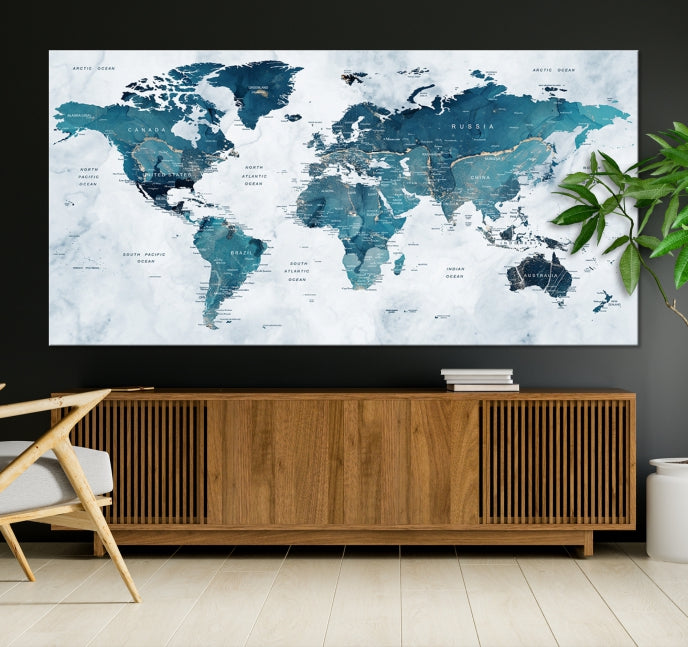 Blue World Map Extra Large Wall Art Canvas Print