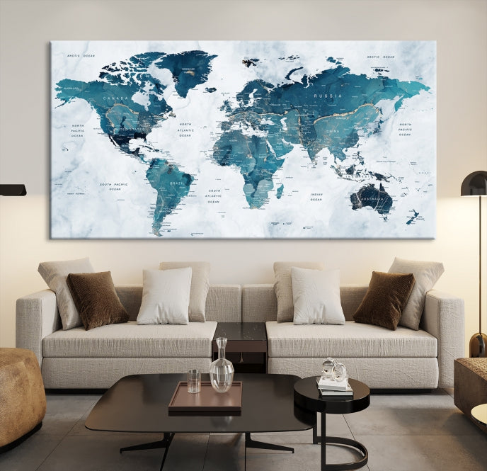 Blue World Map Extra Large Wall Art Canvas Print