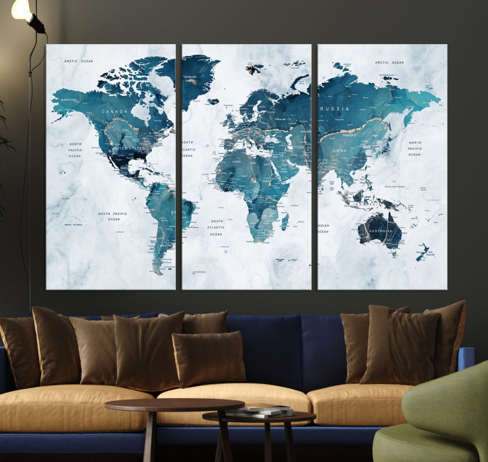 Blue World Map Extra Large Wall Art Canvas Print