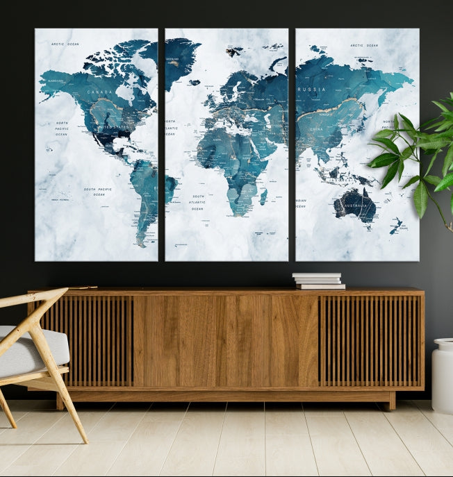 Blue World Map Extra Large Wall Art Canvas Print