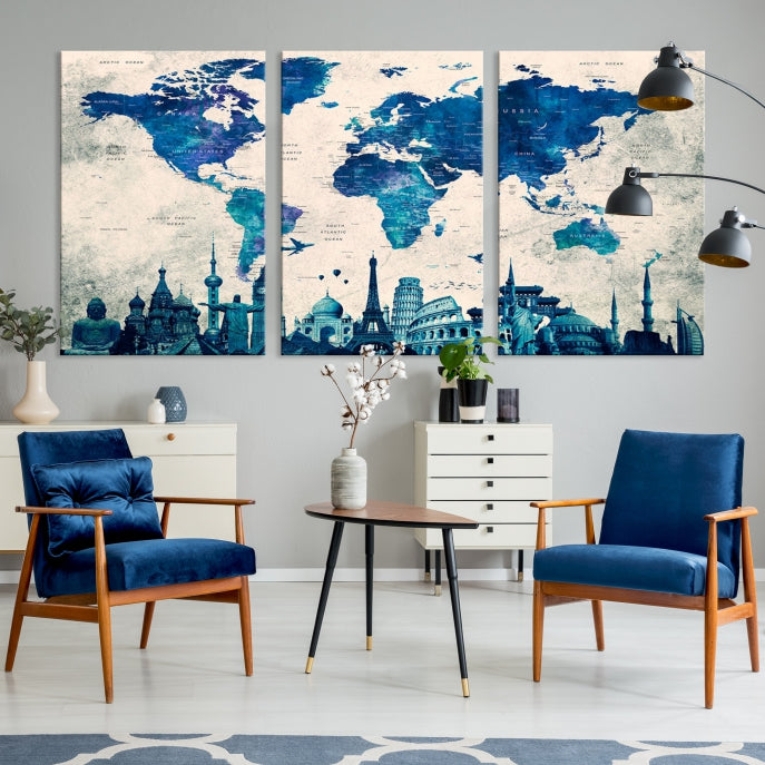 Large Panel World Map Wall Art Watercolor Canvas Print