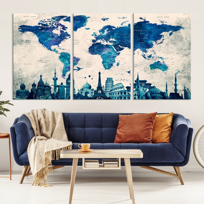 Large Panel World Map Wall Art Watercolor Canvas Print