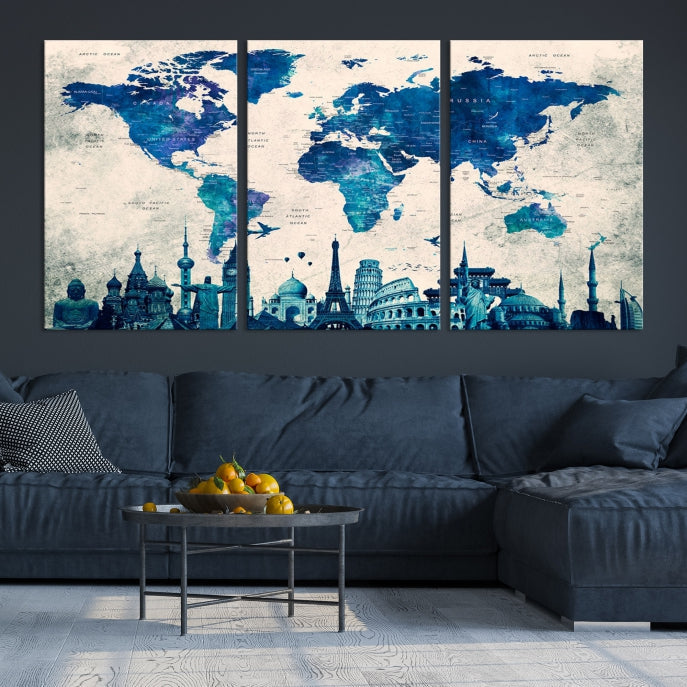 Large Panel World Map Wall Art Watercolor Canvas Print