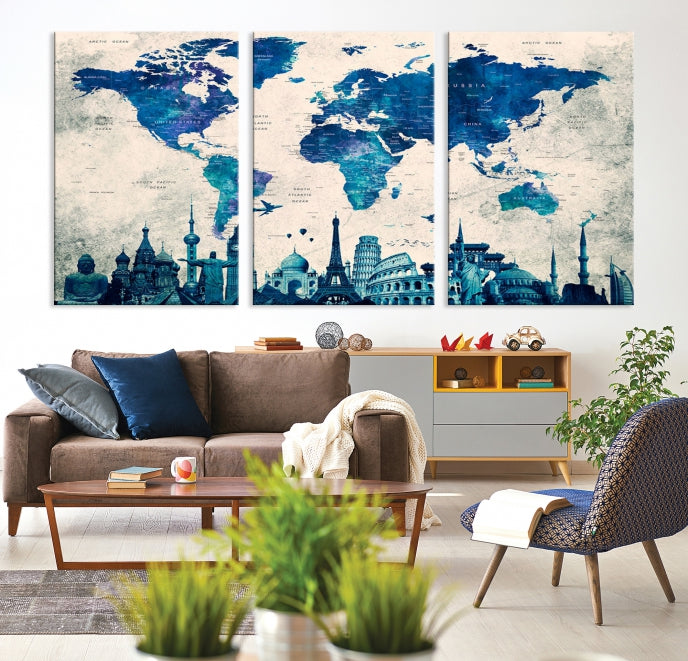 Large Panel World Map Wall Art Watercolor Canvas Print