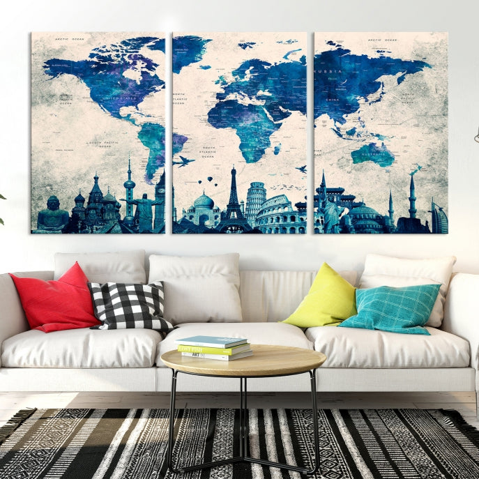 Large Panel World Map Wall Art Watercolor Canvas Print