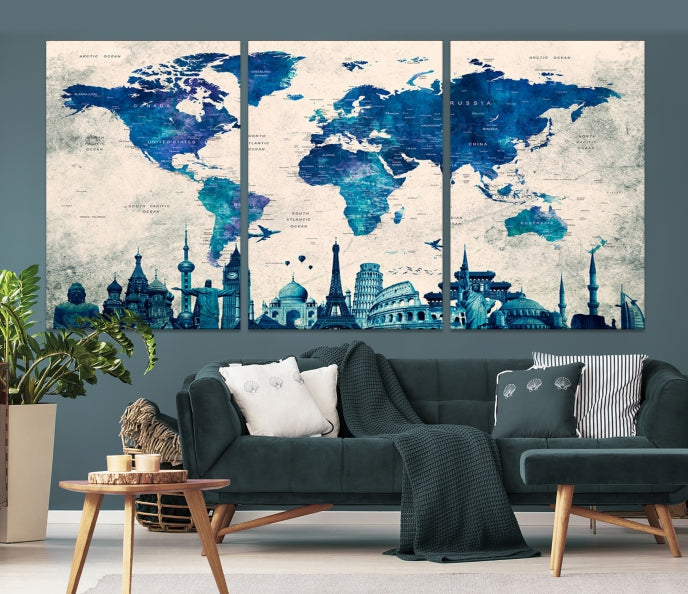 Large Panel World Map Wall Art Watercolor Canvas Print