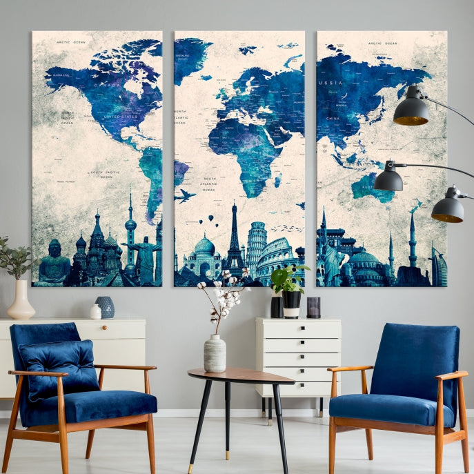 Large Panel World Map Wall Art Watercolor Canvas Print