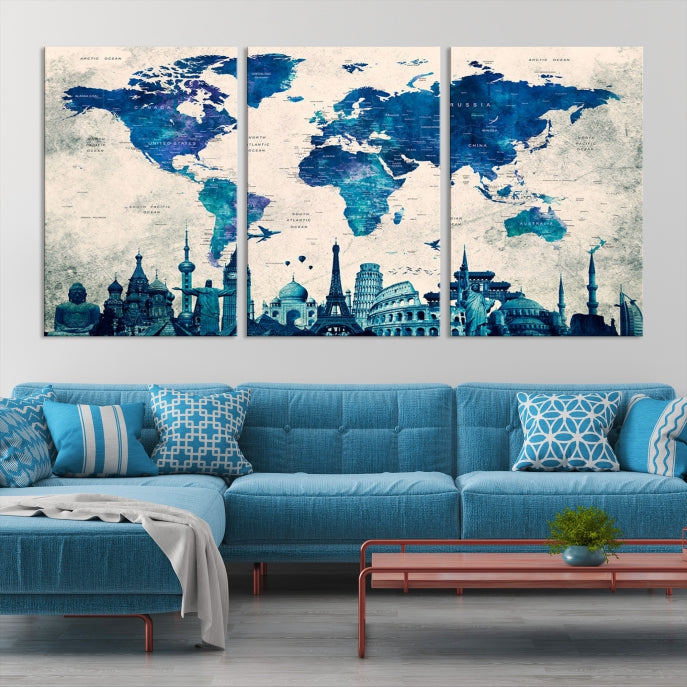 Large Panel World Map Wall Art Watercolor Canvas Print