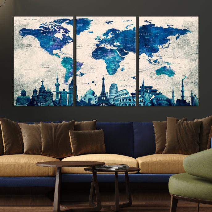 Large Panel World Map Wall Art Watercolor Canvas Print