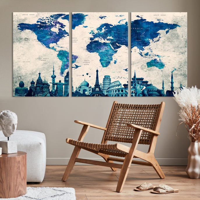 Large Panel World Map Wall Art Watercolor Canvas Print