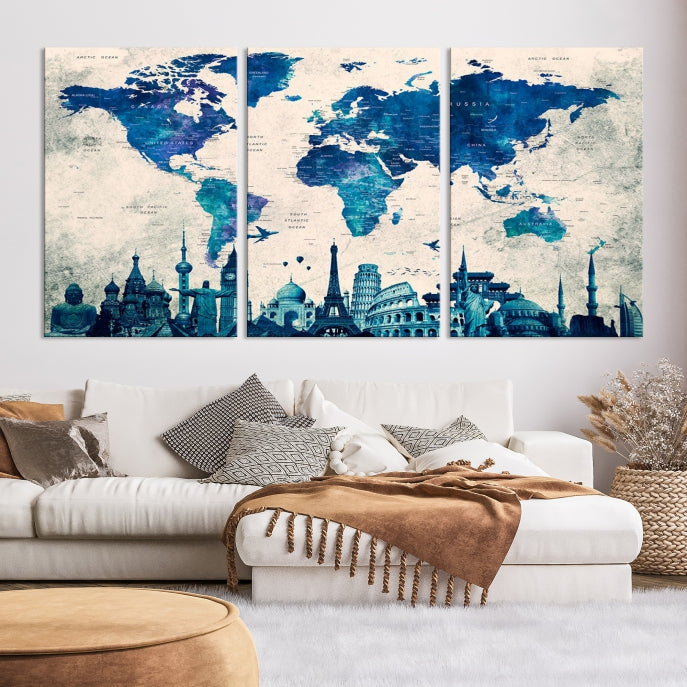 Large Panel World Map Wall Art Watercolor Canvas Print