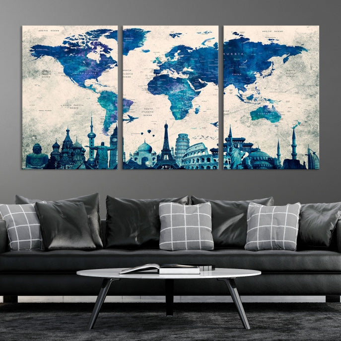 Large Panel World Map Wall Art Watercolor Canvas Print