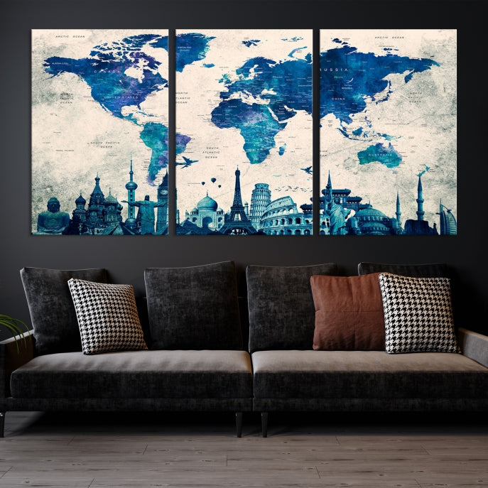 Large Panel World Map Wall Art Watercolor Canvas Print