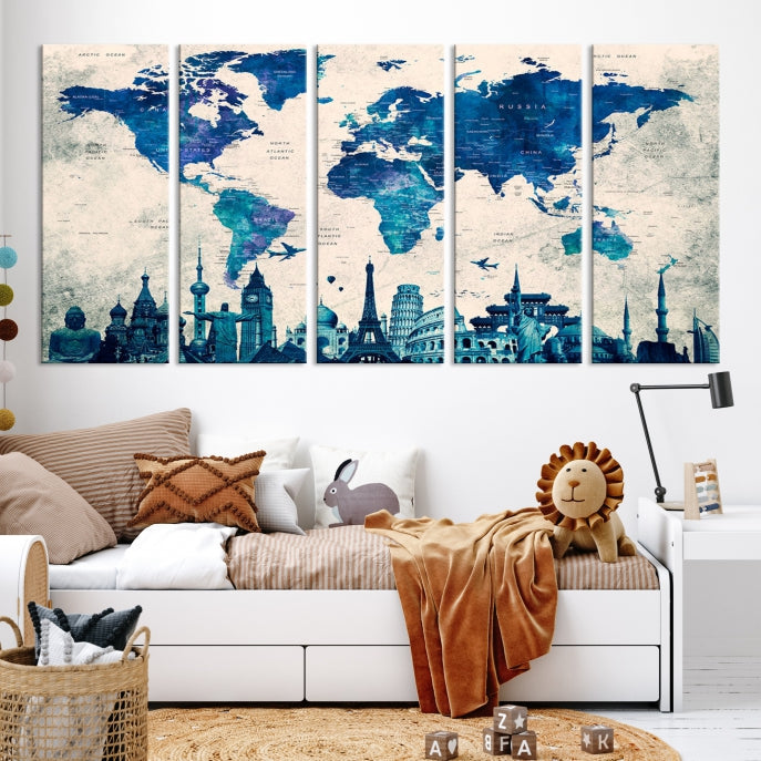 Large Panel World Map Wall Art Watercolor Canvas Print