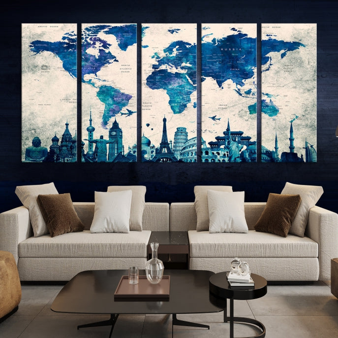 Large Panel World Map Wall Art Watercolor Canvas Print