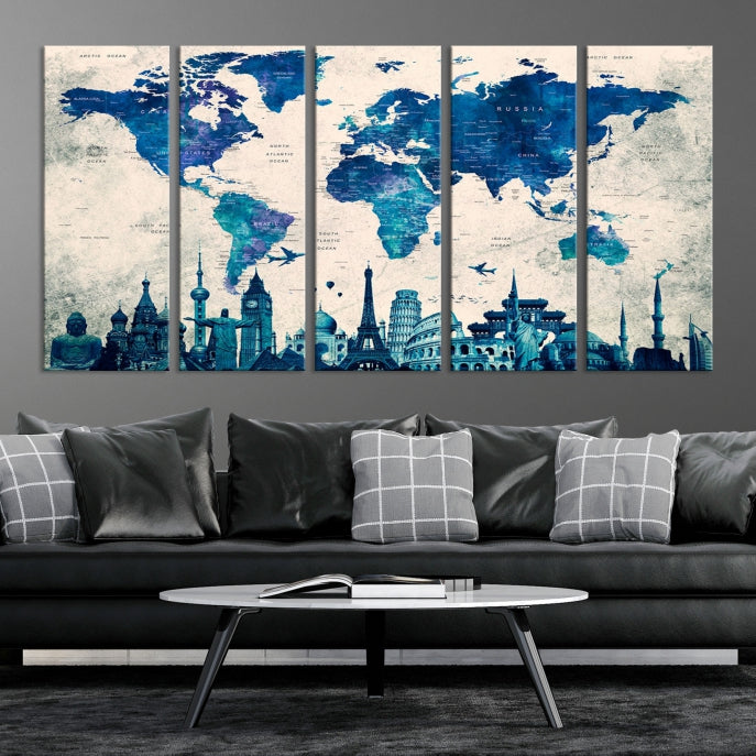 Large Panel World Map Wall Art Watercolor Canvas Print