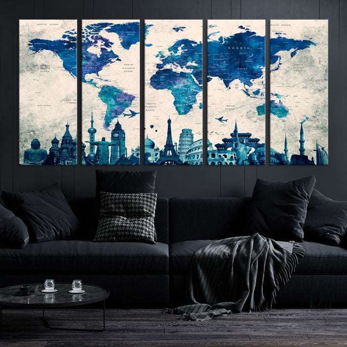 Large Panel World Map Wall Art Watercolor Canvas Print