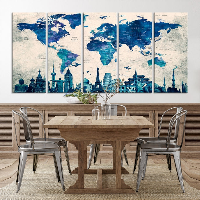 Large Panel World Map Wall Art Watercolor Canvas Print