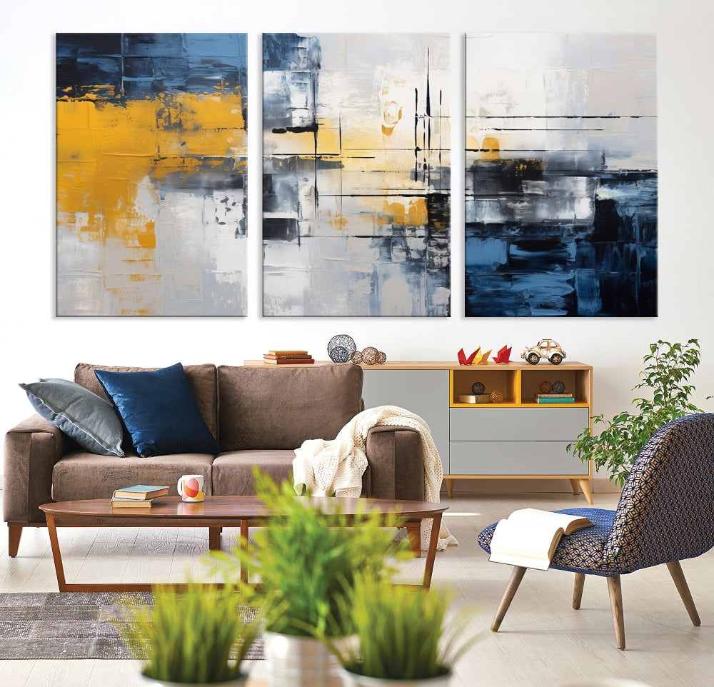 Blue Yellow Gray Abstract Painting, Large Canvas Art Print, Framed Modern Wall Decor