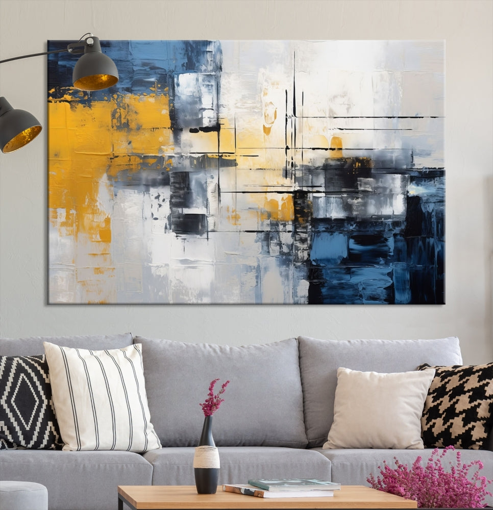 Blue Yellow Gray Abstract Painting, Large Canvas Art Print, Framed Modern Wall Decor