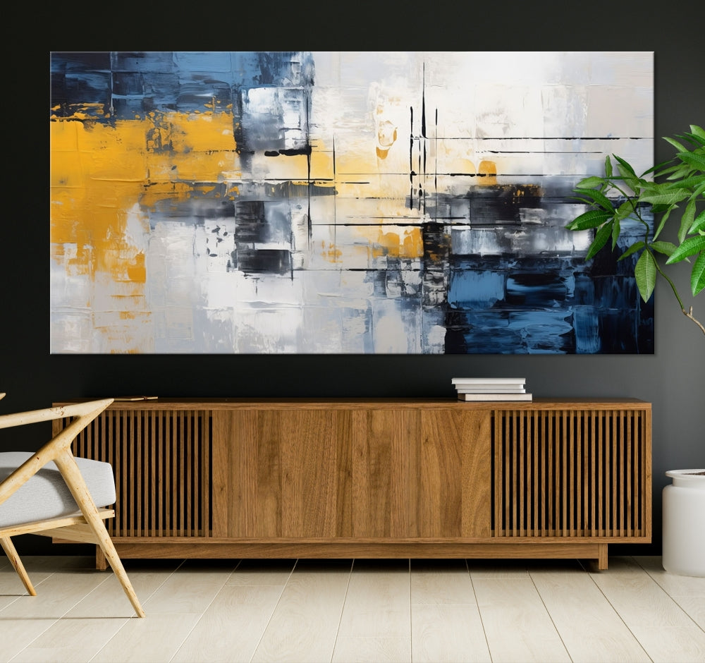 Blue Yellow Gray Abstract Painting, Large Canvas Art Print, Framed Modern Wall Decor