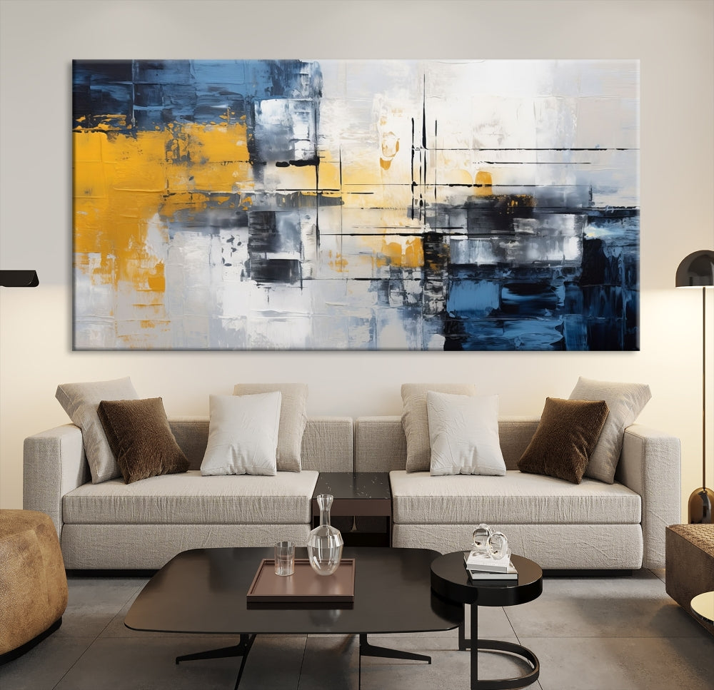 Blue Yellow Gray Abstract Painting, Large Canvas Art Print, Framed Modern Wall Decor