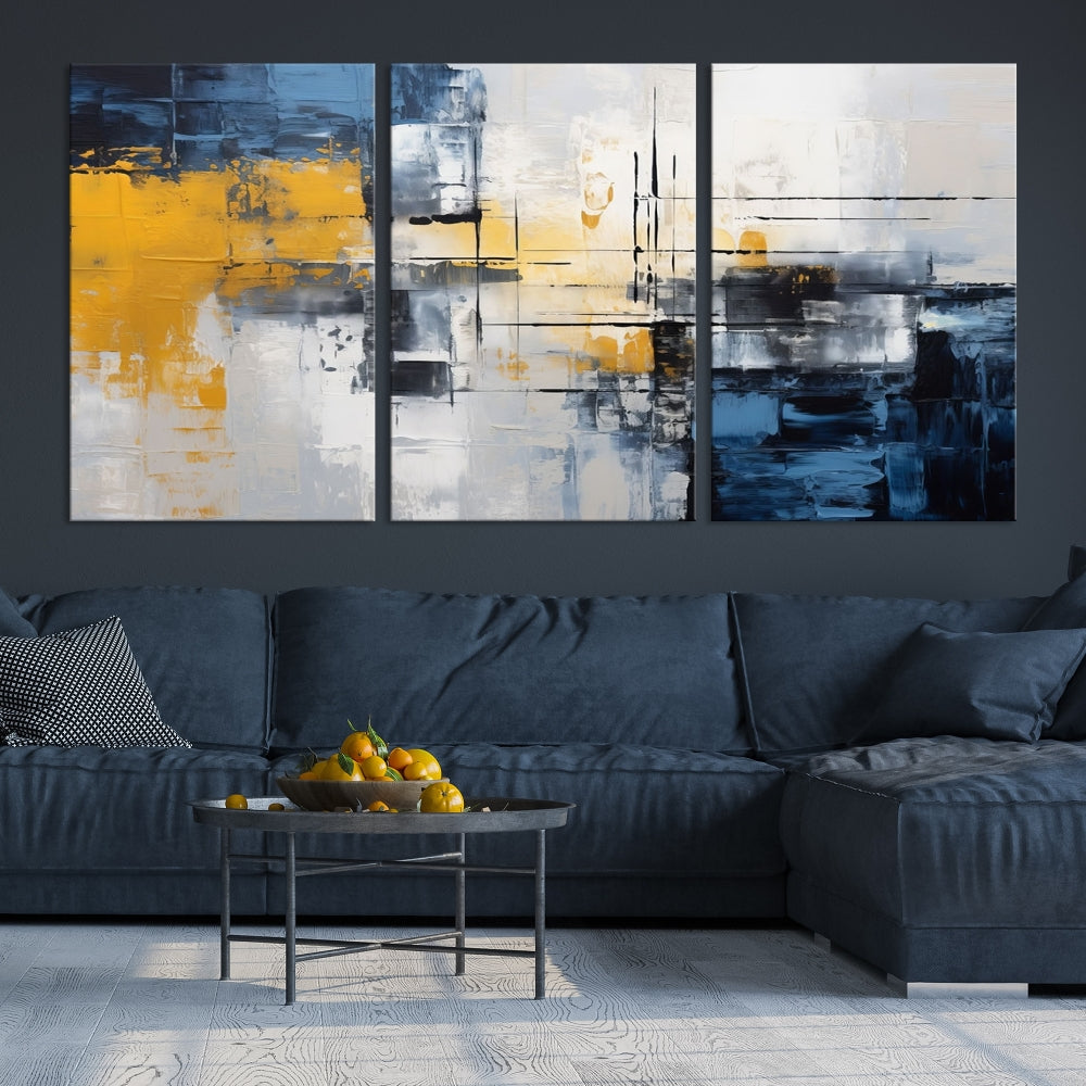 Blue Yellow Gray Abstract Painting, Large Canvas Art Print, Framed Modern Wall Decor