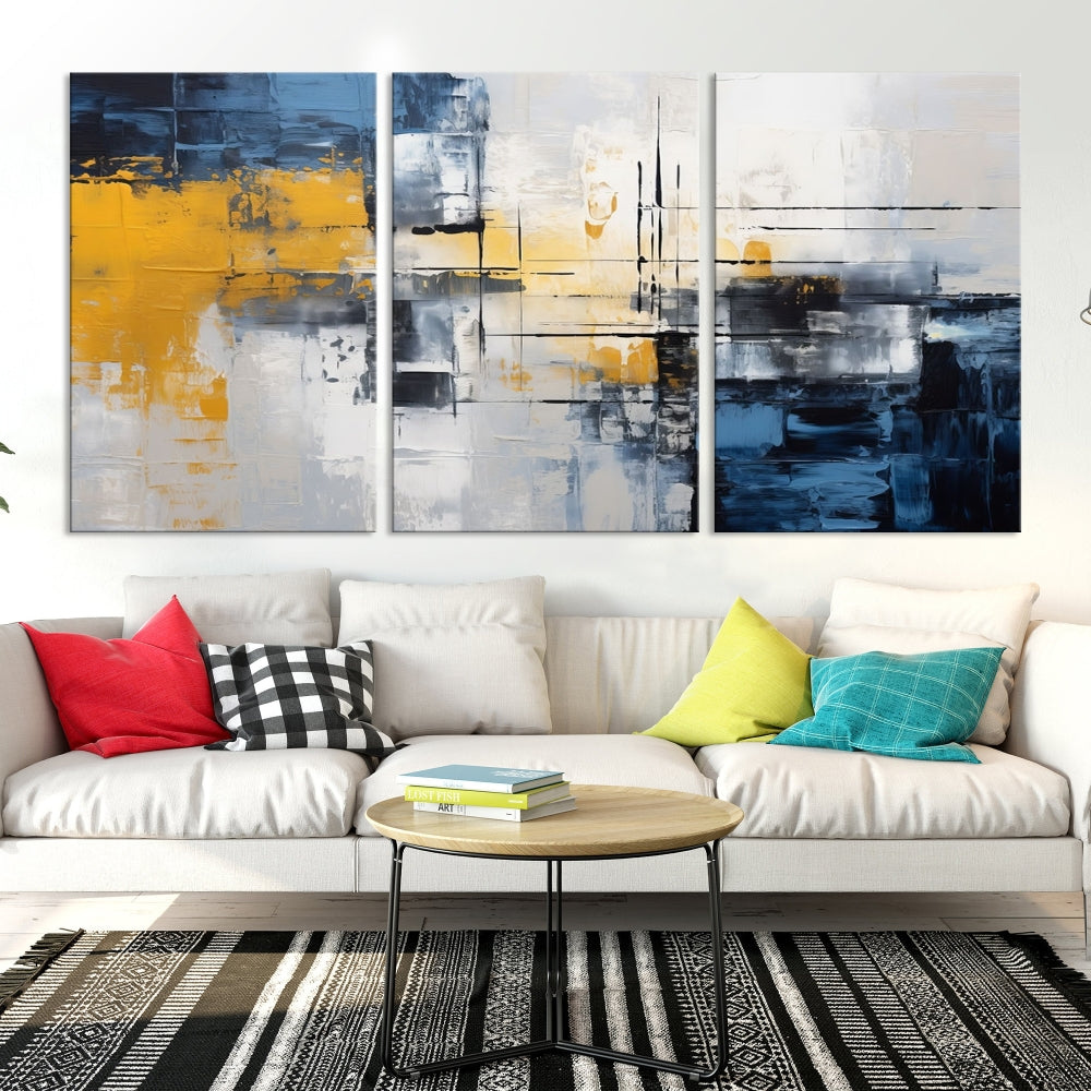 Blue Yellow Gray Abstract Painting, Large Canvas Art Print, Framed Modern Wall Decor