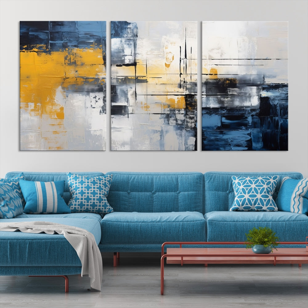 Blue Yellow Gray Abstract Painting, Large Canvas Art Print, Framed Modern Wall Decor