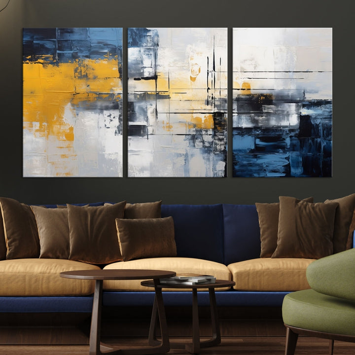 Blue Yellow Gray Abstract Painting, Large Canvas Art Print, Framed Modern Wall Decor