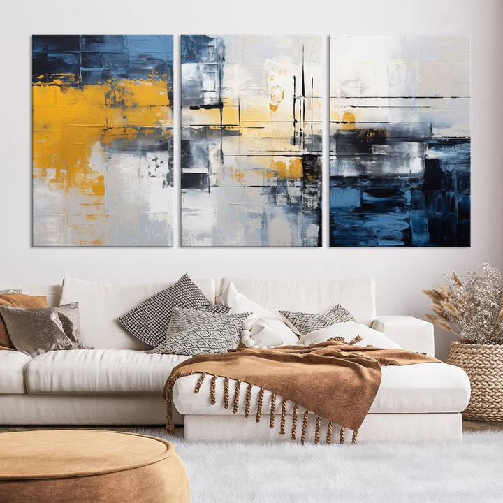 Blue Yellow Gray Abstract Painting, Large Canvas Art Print, Framed Modern Wall Decor