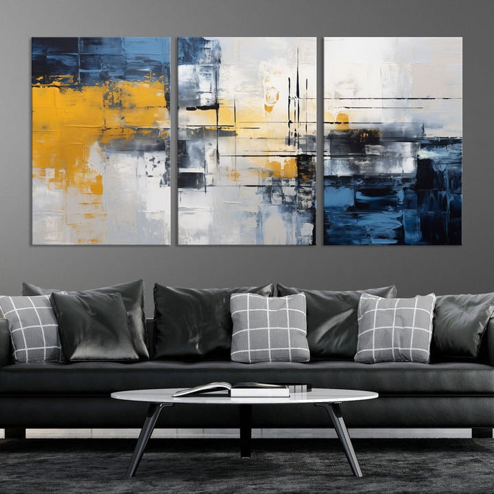 Blue Yellow Gray Abstract Painting, Large Canvas Art Print, Framed Modern Wall Decor