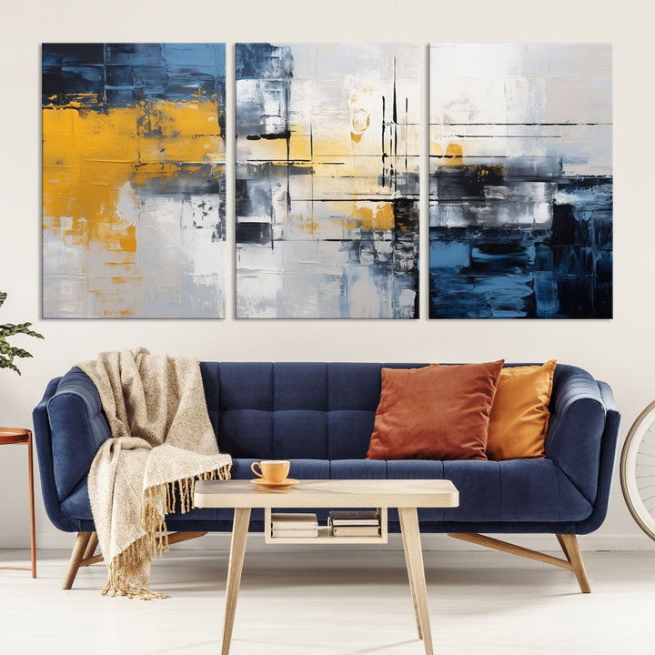 Blue Yellow Gray Abstract Painting, Large Canvas Art Print, Framed Modern Wall Decor