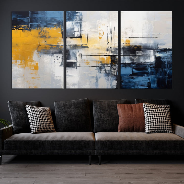 Blue Yellow Gray Abstract Painting, Large Canvas Art Print, Framed Modern Wall Decor