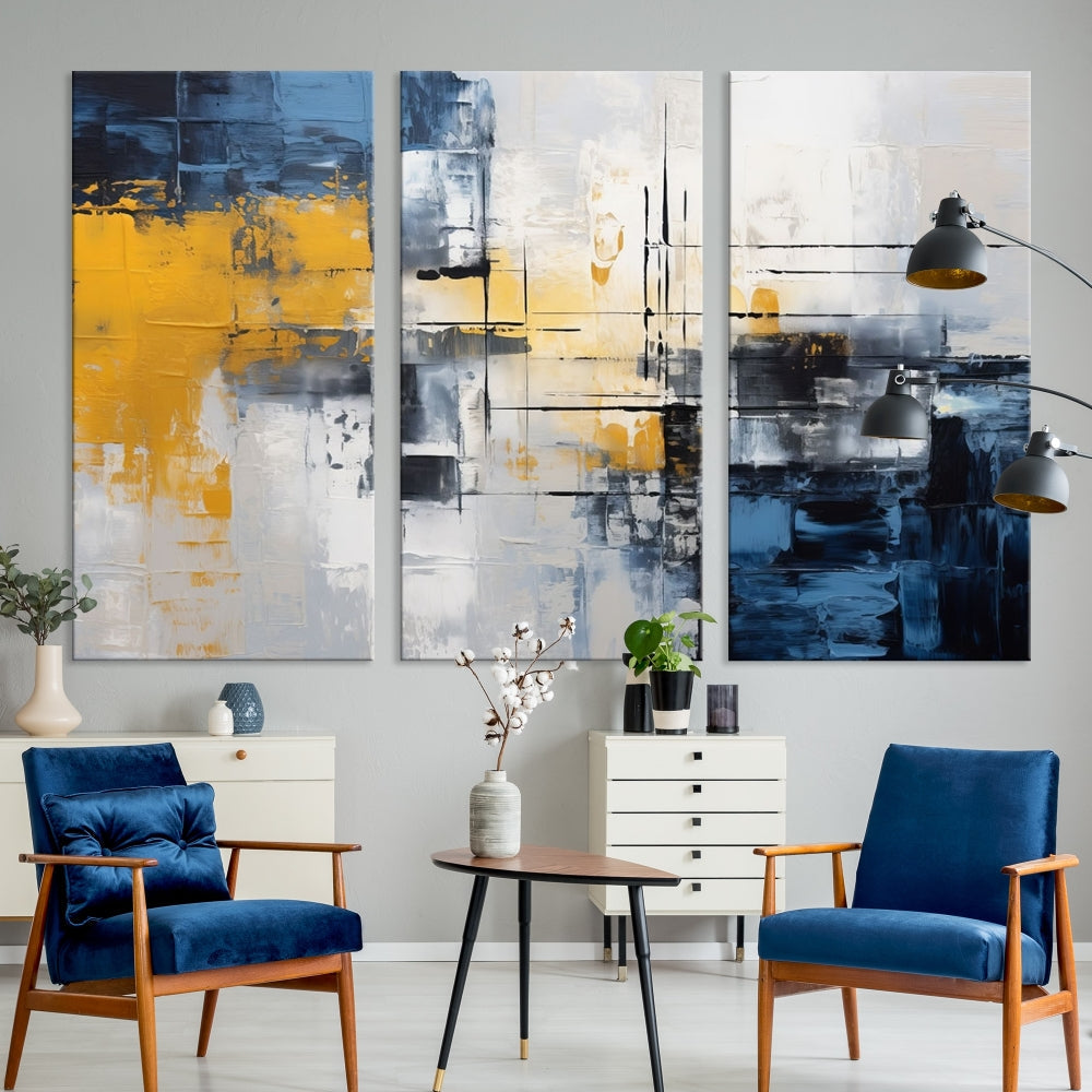 Blue Yellow Gray Abstract Painting, Large Canvas Art Print, Framed Modern Wall Decor