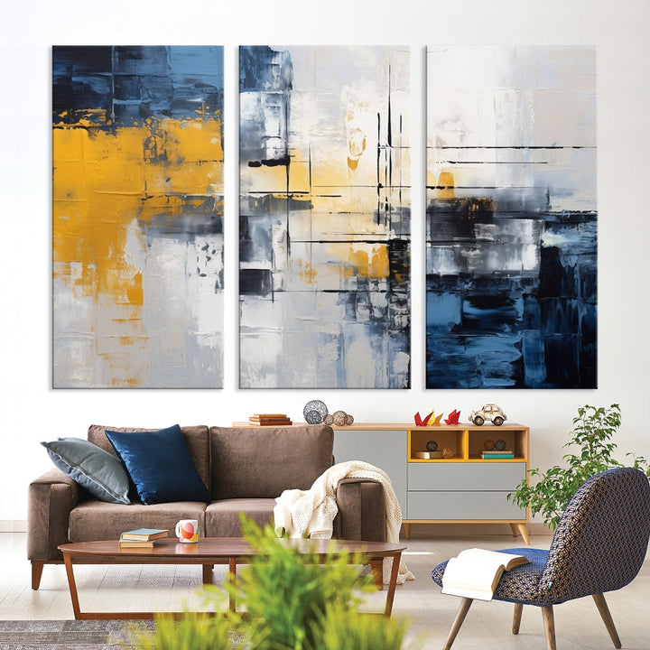 Blue Yellow Gray Abstract Painting, Large Canvas Art Print, Framed Modern Wall Decor