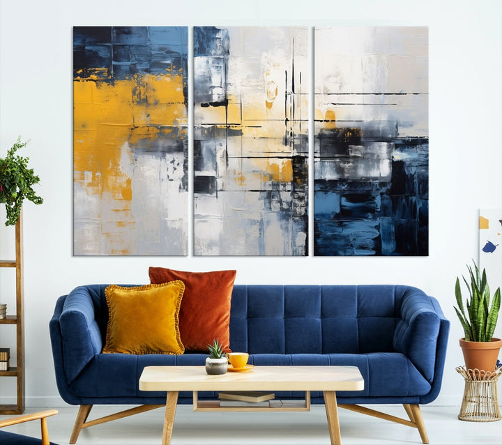 Blue Yellow Gray Abstract Painting, Large Canvas Art Print, Framed Modern Wall Decor