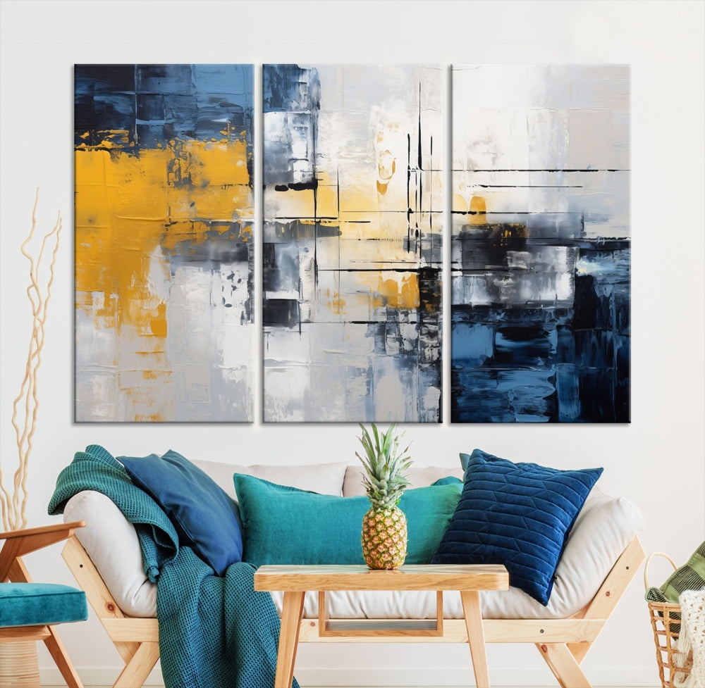 Blue Yellow Gray Abstract Painting, Large Canvas Art Print, Framed Modern Wall Decor