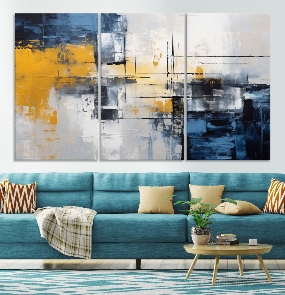 Blue Yellow Gray Abstract Painting, Large Canvas Art Print, Framed Modern Wall Decor